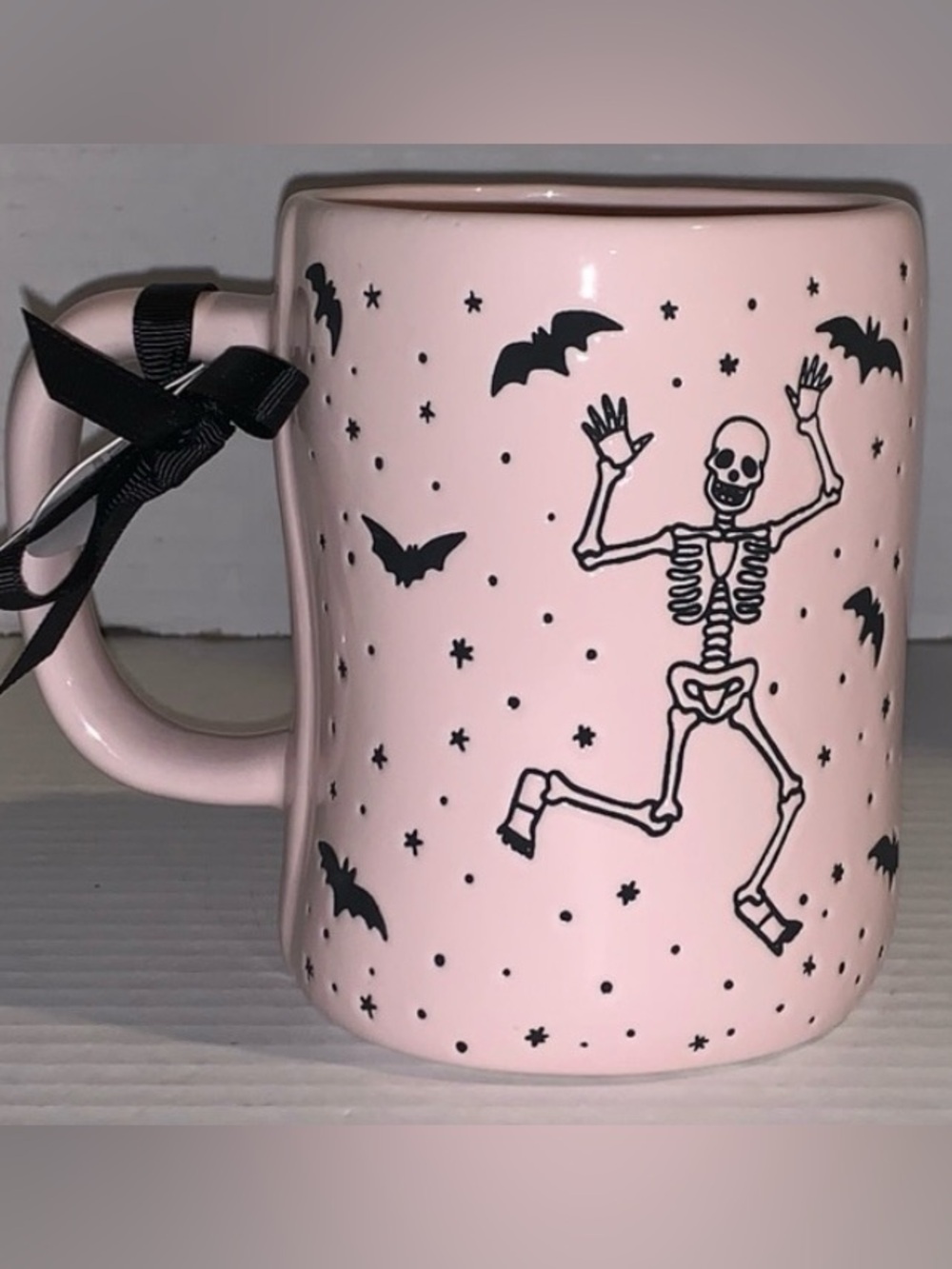 Rae Dunn Dance Till You Drop Pink Skeleton Bats Halloween Mug New